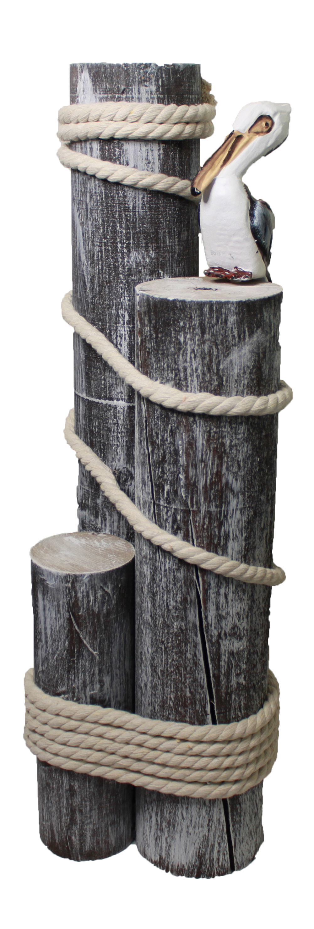 Set of Three Wood Pilings w/ Pelican & Fisherman's Rope